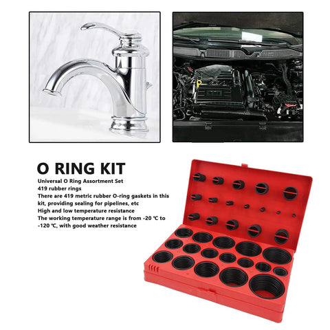 419 Piece O Ring And Washer Seal Kit With 32 Metric Sizes Nitrile Rubber Oil Proof Seals For Automotive Plumbing Machinery Workshop Garage And Repair Projects, open red case showing O-rings.