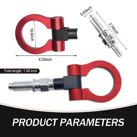 Red Alloy Car Front Bumper Tow Hook With Foldable Design detailed dimensions including total length and mounting design.