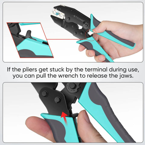 Using ratcheting wire crimp tool combo kit for heat shrink connectors and AWG 22 to 10 splices with cushioned non-slip handles.