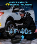 Person using Cordless Tire Inflator With Dual Cylinders And An Eight Point Three Inch Screen Portable Air Compressor For Cars Trucks Bikes And Motorcycles 150 Psi 12V Rechargeable Auto Shut Off And Built In Tire Pressure Gauge in snowy conditions.