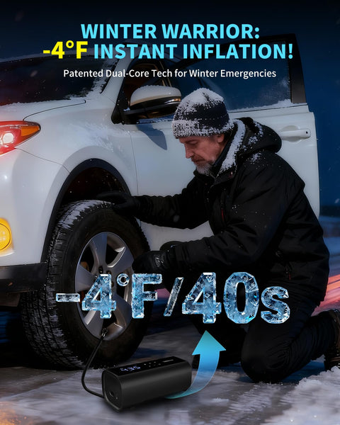 Person using Cordless Tire Inflator With Dual Cylinders And An Eight Point Three Inch Screen Portable Air Compressor For Cars Trucks Bikes And Motorcycles 150 Psi 12V Rechargeable Auto Shut Off And Built In Tire Pressure Gauge in snowy conditions.