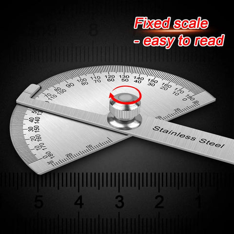 Stainless Steel Protractor 0 To 180 Degrees With Round Head Angle Finder For Woodworking And Machinist Ruler, close-up view