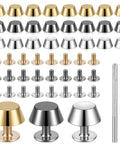 Snag This Solid Twenty Six Piece Purse Feet And Handbag Feet Metal Stud Rivet Kit For Thin Leather Crafts Featuring No Sweat 0.25 Inch Screws And Tools In Matte Black Tone, displaying gold and silver purse feet with screws.