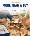 Hands assembling Wooden Drone Building Kit For Adults Snap Together No Glue Remote Control Quadcopters on a table.