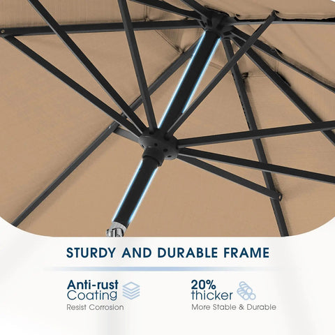 Interior view of 9Ft Patio Umbrella With Base Included For Outdoor Deck And Poolside Relaxation 8 Sturdy Ribs Waterproof Fade Resistant Tan Polyester Canopy Easy Setup Base Up To 80 Lbs Of Sand Ideal For Backyard Lawn Garden, showing sturdy rib frame and anti-rust coating.
