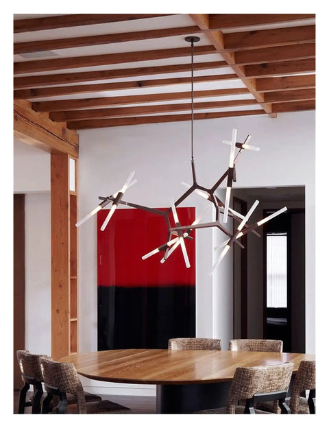 Post-Modern Nordic Pendant Light Herringbone Contemporary Living Room Dining Room Dimmable G9 Bulb Hanging Lamps LED (Colour: DimmableBlacknotdim Size: 10lights) (Dimmableblack notdim) hanging above a round wooden dining table.