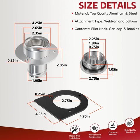 Billet Aluminum Remote Fuel Tank Filler Neck Kit With Gas Cap And Weld On Steel Bracket Fits 2 Inch Filler Hose diagram