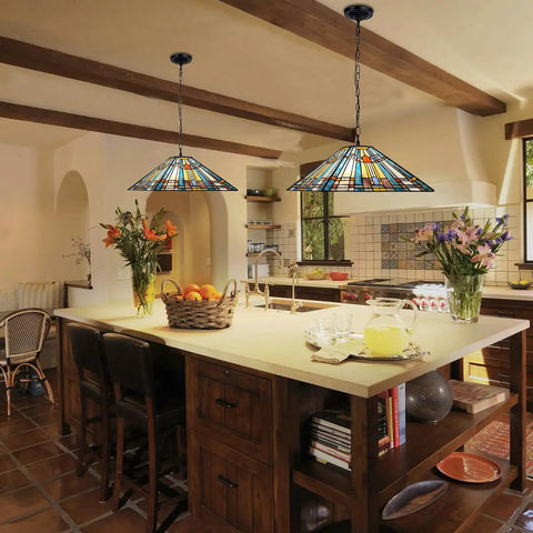 Two Light Tiffany Style Pendant Light Fixture 16 Inch Large Mission Vintage Stained Glass Hanging Lamp in a kitchen setting.