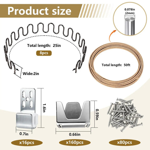 Product size diagram showing Complete Couch Upholstery Spring Repair Kit With 8 Tough 25 Inch Sofa Springs And 50 Foot Stay Wire.