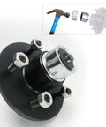 1.98-inch trailer hub cap with four bolts and bearing dust cap on a black hub; inset shows hammer and installation tools.