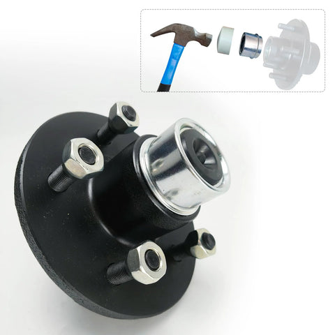 1.98-inch trailer hub cap with four bolts and bearing dust cap on a black hub; inset shows hammer and installation tools.