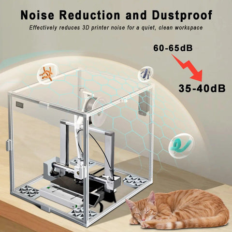 Acrylic Enclosure For 3D Printer With 360 Degree Transparent Cover LED Light for noise reduction, cat sleeping nearby