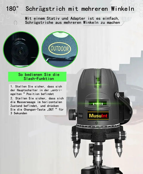 Green Laser Level With 5 Line Projection And 360 Degree Self Leveling Ultra Bright Outdoor Alignment Tool With Five Beam Spots Rotating Digital Lithium Ion Battery High Capacity For Precise Layout on tripod, showing green laser lines and 180° angle mode