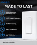Matte White Single Pole Decorator Light Switch 15 Amp 120 To 277 Volt Easy Install Paddle Rocker Replacement With Self Grounding Residential Grade Wall Plate Included UL CUL 10 Pack, front view