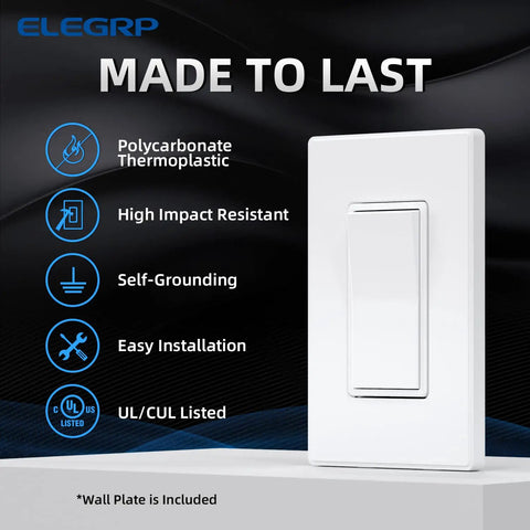 Matte White Single Pole Decorator Light Switch 15 Amp 120 To 277 Volt Easy Install Paddle Rocker Replacement With Self Grounding Residential Grade Wall Plate Included UL CUL 10 Pack, front view
