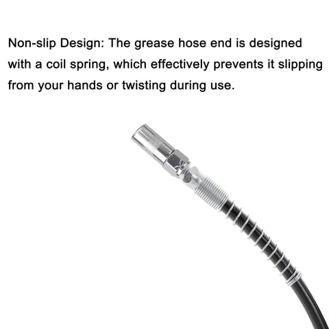 Close-up of non-slip design 18 Inch Resin Spring Flex Hose For Grease Gun, 10000 PSI High Pressure Quick Release, 1/8 NPT Threads