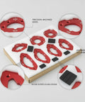 Seven Piece Aluminum Corner Radius Template Kit For Precision Woodworking and Cabinet Edge Rounding with Standard Router Compatibility displayed on white background.