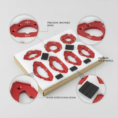 Seven Piece Aluminum Corner Radius Template Kit For Precision Woodworking and Cabinet Edge Rounding with Standard Router Compatibility displayed on white background.