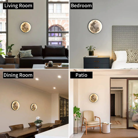 Dimmable Moon Wall Sconce With Remote, Plug-In LED Wall Light, 9.5 Inch Black Indoor Wall Lamp shown in various room setups