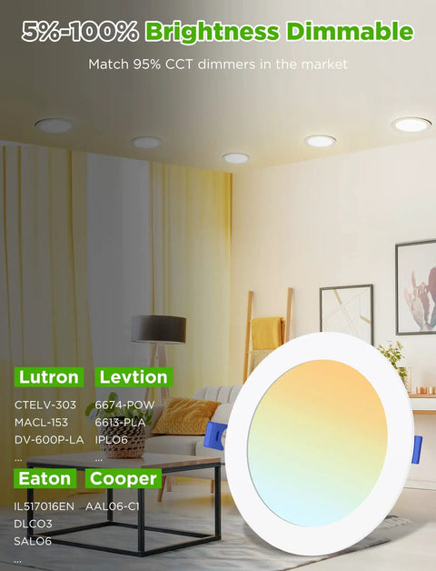 5CCT LED Recessed Canless Ceiling Light Kit 6 Inch Ultra Thin Dimmable 12W 110W Equivalent in modern living room