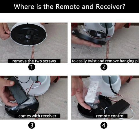 21 Inch Ceiling Fan With Lights And Remote Control parts assembly steps showing remote and receiver location.