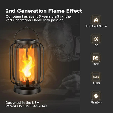 Lit Real Flame Solar Lanterns With USB Charging Four Modes Waterproof Outdoor Lights showcasing 2nd generation flame effect.
