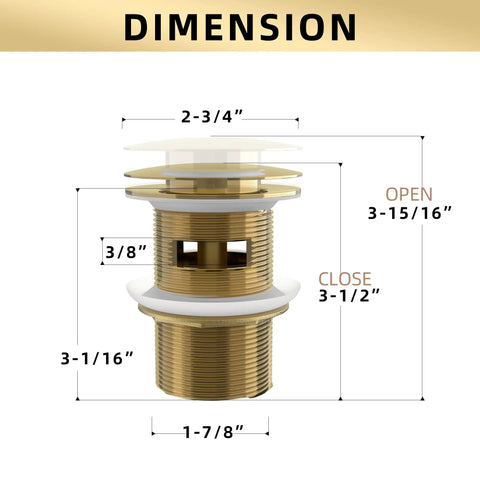 Black Pop Up Tub Drain For Freestanding Bathtubs Easy Install Kit With Standard Thread Stopper Anti Rust Copper Matte Black Finish Fits NPSM Waste Joint Two And Three Quarters Inch Cover Three And One Half Inch To Three And Fifteen Sixteenths Inch Height showing dimensions