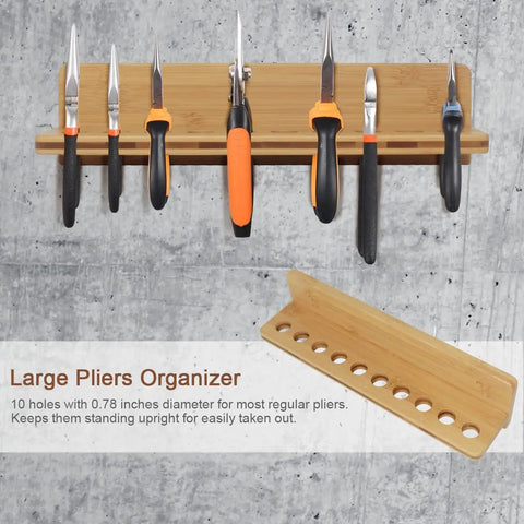 Must Have Wall Mount Screwdriver Rack And Pliers Holder Set Bamboo Tool Organizer showcasing large pliers neatly organized