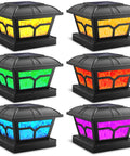Solar Post Cap Lights Outdoor For 4x4 5x5 6x6 Wooden And Vinyl Posts, RGB Color Changing And Warm White, Black Finish, 6 Pack