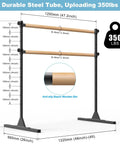 4 Foot Height Adjustable Freestanding Wooden Ballet Barre With Double Bar Heavy Duty For Your Home Gym Dance Barre Portable 350 Lb Capacity For Stretching Practice And Everyday Fitness, side view with double wooden bars and metal frame