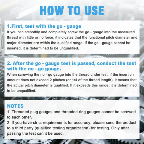 Instructions on using a Five Piece Metric Thread Plug Gauge Set 6H Go No Go With Durable Storage Case for internal thread detection.