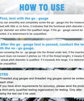 Instructions on using the Five Piece Imperial Thread Plug Gauge Set Pro Grade 2B Unified Thread Gauges with Go/No-Go testing.