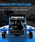Close-up of 2.5 Ton Floor Jack Low Profile Heavy Duty Steel Racing Jack With Single Piston Lift Pump in garage