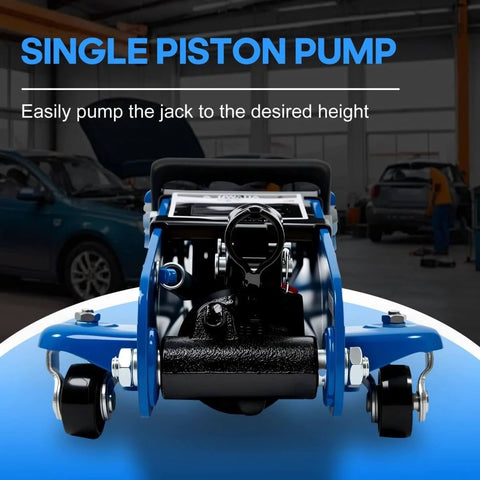 Close-up of 2.5 Ton Floor Jack Low Profile Heavy Duty Steel Racing Jack With Single Piston Lift Pump in garage