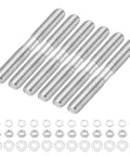 Six Piece M8x65mm Double Ended Stud Screws Set in 304 Stainless Steel with Nuts and Washers for Home Repair Structural Anchoring and Quick Fastening Solutions. Image showing six threaded studs, nuts, and washers in stainless steel.