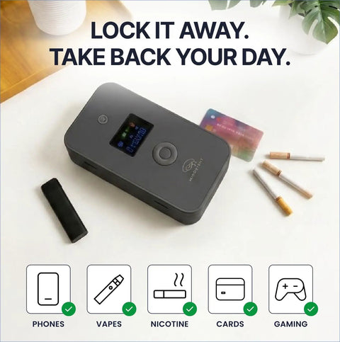 Personal Timed Phone Lock Box Lock It Up To Crush Screen Time Straight Up Boost Focus With Simple Three Mode Timer on a table with vapes and cards.