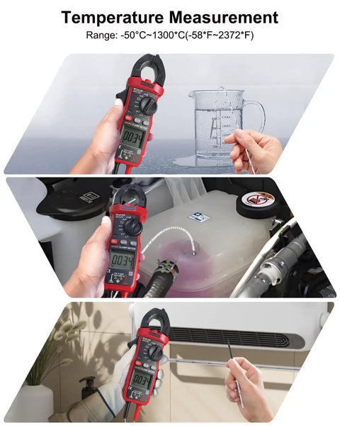 Rugged Digital Clamp Meter And Multimeter measuring temperature in various environments, showing versatility and accuracy.