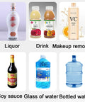High Performance Double Head Peristaltic Pump Liquid Filling Machine With Digital Screen And No Drip Nonsense Easy As Pie Setup For Perfume Essential Oil Cosmetics And Thick Fluids displayed with various liquids including liquor, drinks, and makeup remover.