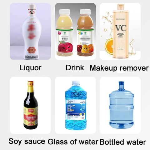 High Performance Double Head Peristaltic Pump Liquid Filling Machine With Digital Screen And No Drip Nonsense Easy As Pie Setup For Perfume Essential Oil Cosmetics And Thick Fluids displayed with various liquids including liquor, drinks, and makeup remover.