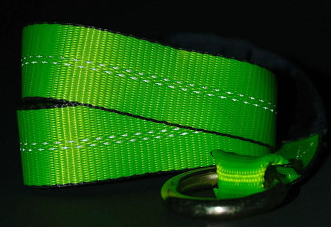 Close-up of 4 Pack 2 Inch By 96 Inch Car Tie Down Straps For Trailers With Flat Hooks, 3333 Lb WLL, in high visibility green.