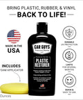 Long Lasting Plastic Restorer For Cars And Interiors Rejuvenates Plastic Rubber And Vinyl Seals In A Rich Finish Safe On All Surfaces Easy Foam Applicator 8 Oz Kit That Feels Like New bottle and foam applicator with USA flag and benefits icons.
