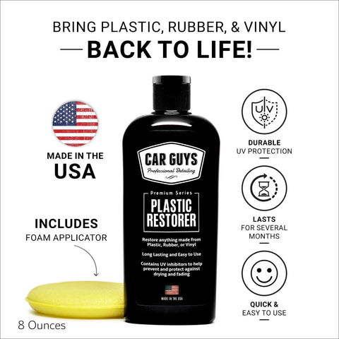 Long Lasting Plastic Restorer For Cars And Interiors Rejuvenates Plastic Rubber And Vinyl Seals In A Rich Finish Safe On All Surfaces Easy Foam Applicator 8 Oz Kit That Feels Like New bottle and foam applicator with USA flag and benefits icons.