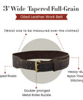 3 Inch Wide Long Tapered Full Grain Oiled Leather Work Belt For Heavy Duty Tasks Durable Rugged Belt Adjustable Fits Waist 42 To 54 Inches