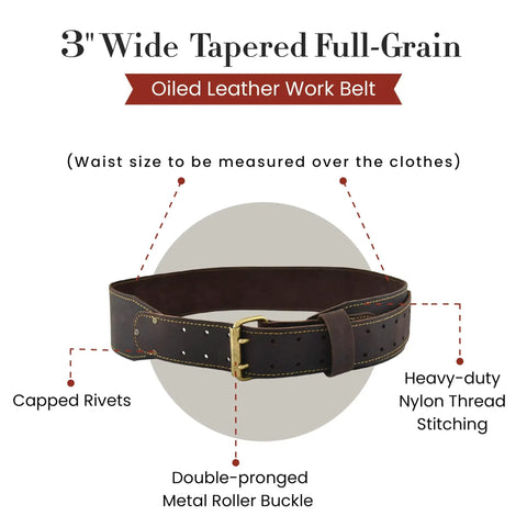 3 Inch Wide Long Tapered Full Grain Oiled Leather Work Belt For Heavy Duty Tasks Durable Rugged Belt Adjustable Fits Waist 42 To 54 Inches