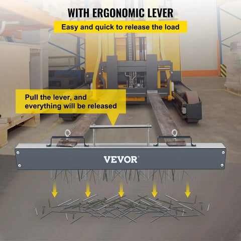 48 Inch Hanging Magnetic Sweeper With Heavy Duty Aluminum Casing attached to forklift, picking up nails and screws