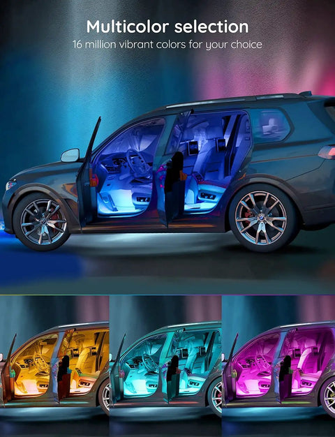 Interior Car LED Lights Kit With App Control, RGB Mood Lighting For Cars, showing multicolor options inside SUV