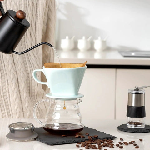 Travel Ready Ceramic Pour Over Coffee Dripper With Three Hole Flat Bottom Cone brewing coffee in kitchen, green and handmade
