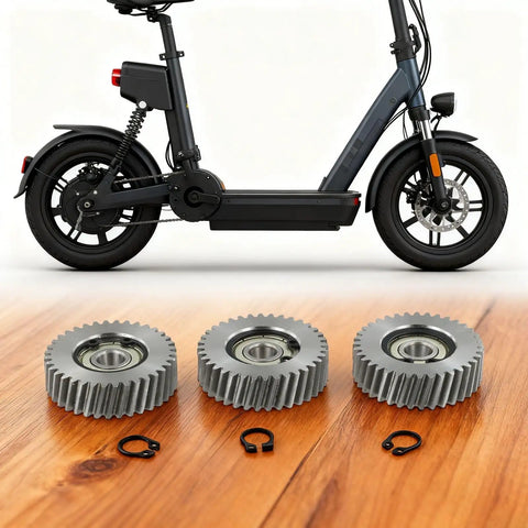 3pcs 36T Planetary Gear Set 38.5x11mm with 608 Bearings for electric bike on a wooden surface with folding e-bike in background