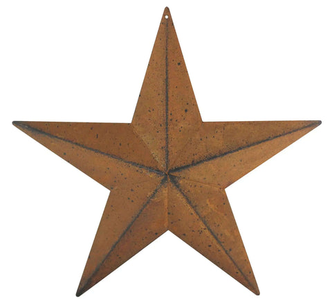 Close-up of 12 inch rusty metal star from the Rusty Barn Star Wall And Door Decor Set In Metal With Vintage Farmhouse Charm, pre-drilled hole