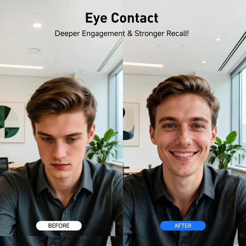 Total Game Changer 4K Center Screen Webcam With Punchy Mic And Lightning Autofocus before and after eye contact comparison.